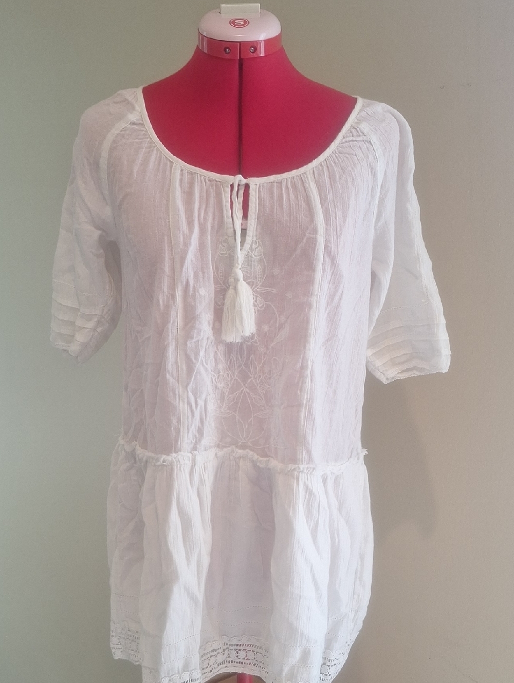 Azure Skies Women's White Lightweight Peasant Blouse with Tassel Tie XXS